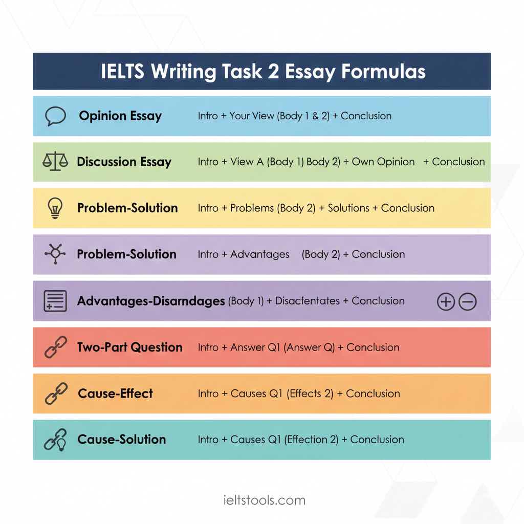 [تصویر: جدول خلاصه فرمول‌های مهم برای هر نوع سوال به صورت اینفوگرافیک رنگی]
